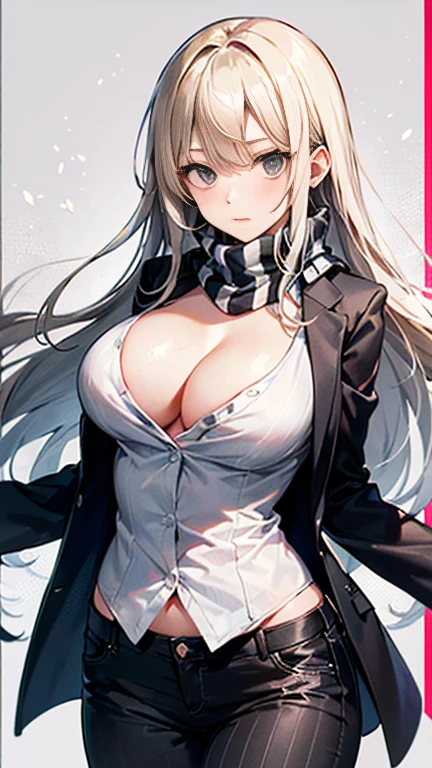Beauty,Around 20 years old,

Blonde,
(Black Eyes),
(Semi-long hair:1.7),
(expression:Puzzled),
Squat,
Place your arms on your thighs,
Big Breasts,Cleavage:cover,

((business suit:No wrinkles:黒とStriped patternの柄)),
((Dress shirt:Open chest:No wrinkles))
((Slack Pants:No wrinkles)), 
((Black scarf:Striped pattern)),

(Plain background:grey:1.5,ID photo),

4K,
high quality,
Highest quality,
Delicate shades,
Detailed depiction,
Depict the whole,
Facial Contour,
Perfect body structure,
Perfect skeleton,
Perfectly symmetrical eyes,