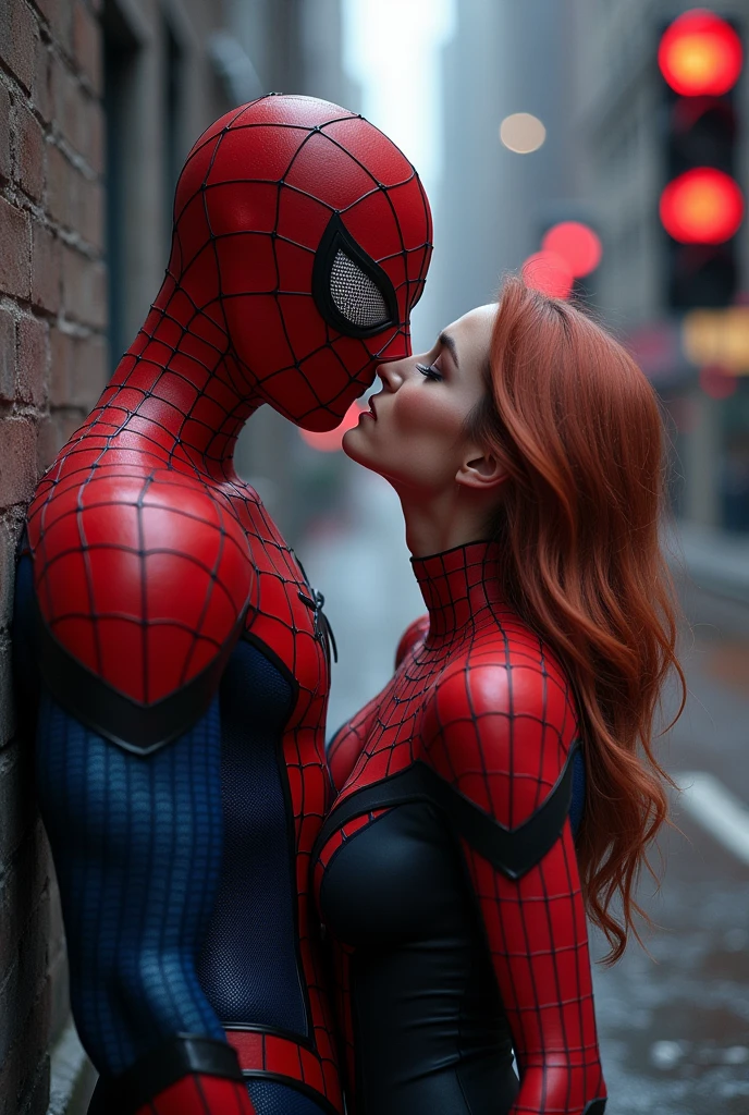 detailded, spiderman having sex with gwen on a web, focus on gwen looking at the screen, photo realist, natta, red traffic lights