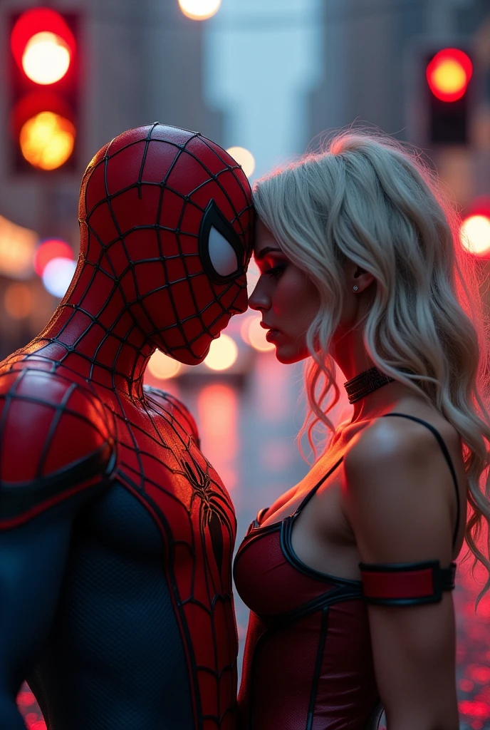 detailded, spiderman having sex with gwen on a web, focus on gwen looking at the screen, photo realist, natta, red traffic lights