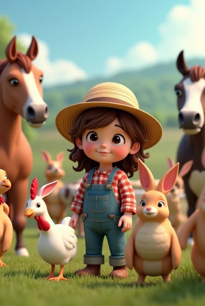 A child farmer, long hair, light brown hair slightly curly, brown dark eyes, straw hat working with birds , horses, chickens, cows and rabbits 3d hd image