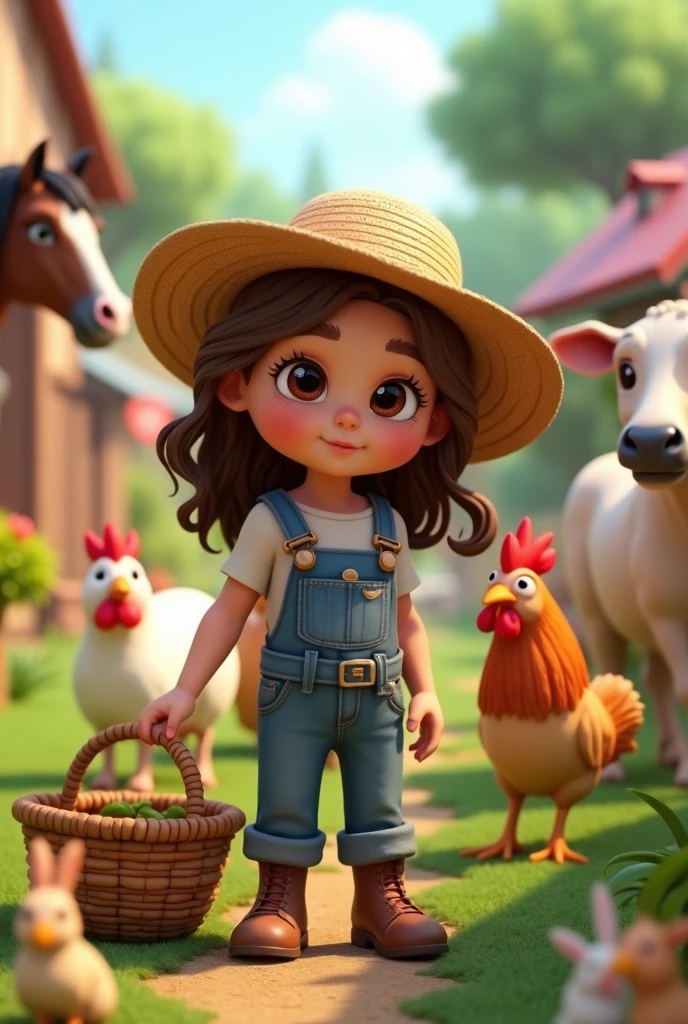 A farmer, long hair, light brown hair slightly curly, brown dark eyes, straw hat working with birds , horses, chickens, cows and rabbits 3d hd image