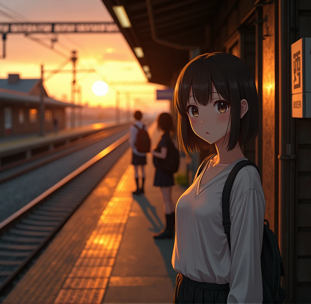 (professional lighting)sunset,(High school students on their way home waiting for a train at an old station)A beautiful Japanese girl is staring at the photographer。Straight short hair。(At the bottom right of the photo「Yamagata」Ticker)