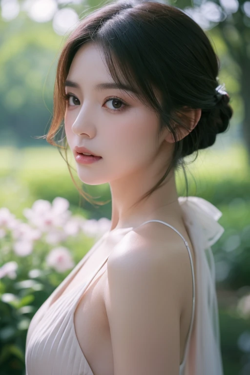 a woman, long shot of nature in background, cinematic depth, ultra-high definition of the woman's expression and surrounding elements, subtle pastel tones, elegant atmosphere,