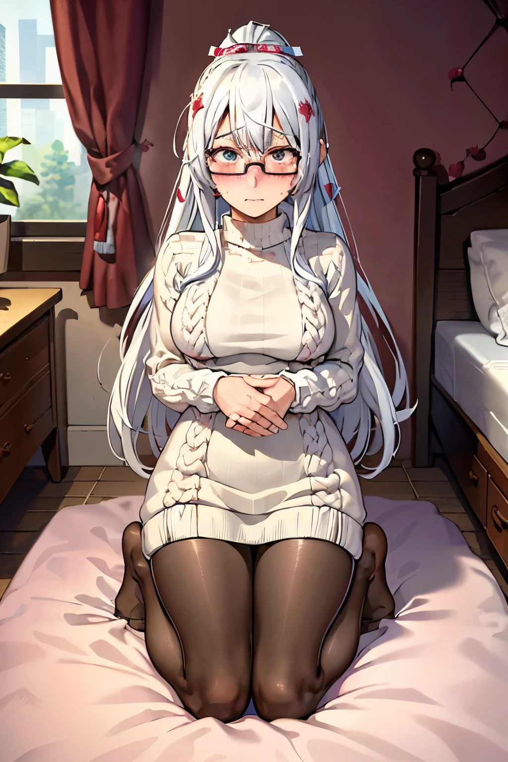 (Highest quality:1.1), (masterpiece:1.4), (Absurd:1.0), 
One Girl, Todoroki Fuyumi、White Hair、Medium-long hair、ponytail、Glasses、Medium chest、Looking at the audience、Bedroom、(blush:1.2)、Embarrassed expression、((pantyhose))、((Knitted dress))、((Kneeling))、