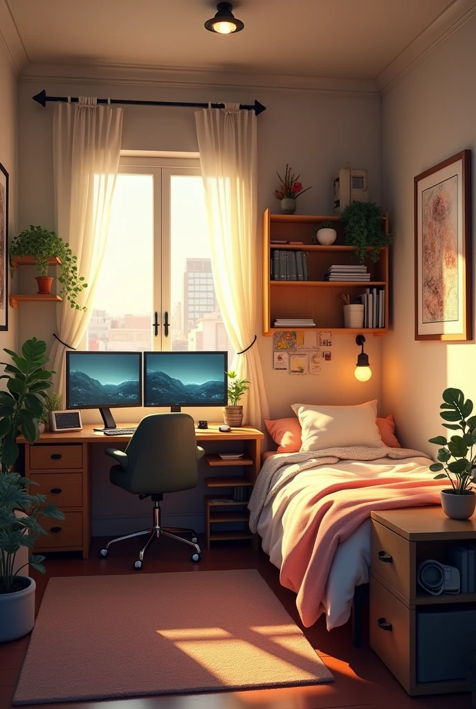 Create the image of a room with an office, the table is large and has 2 monitors, the bed is double and the room is small