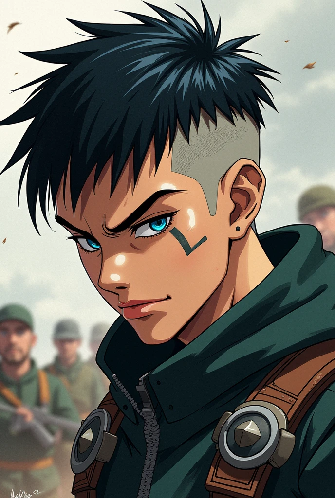 in manga style, a young soldier with black hair shaved on the sides a bit like a viking. His right eye is closed by a scar and his left eye is blue in color.