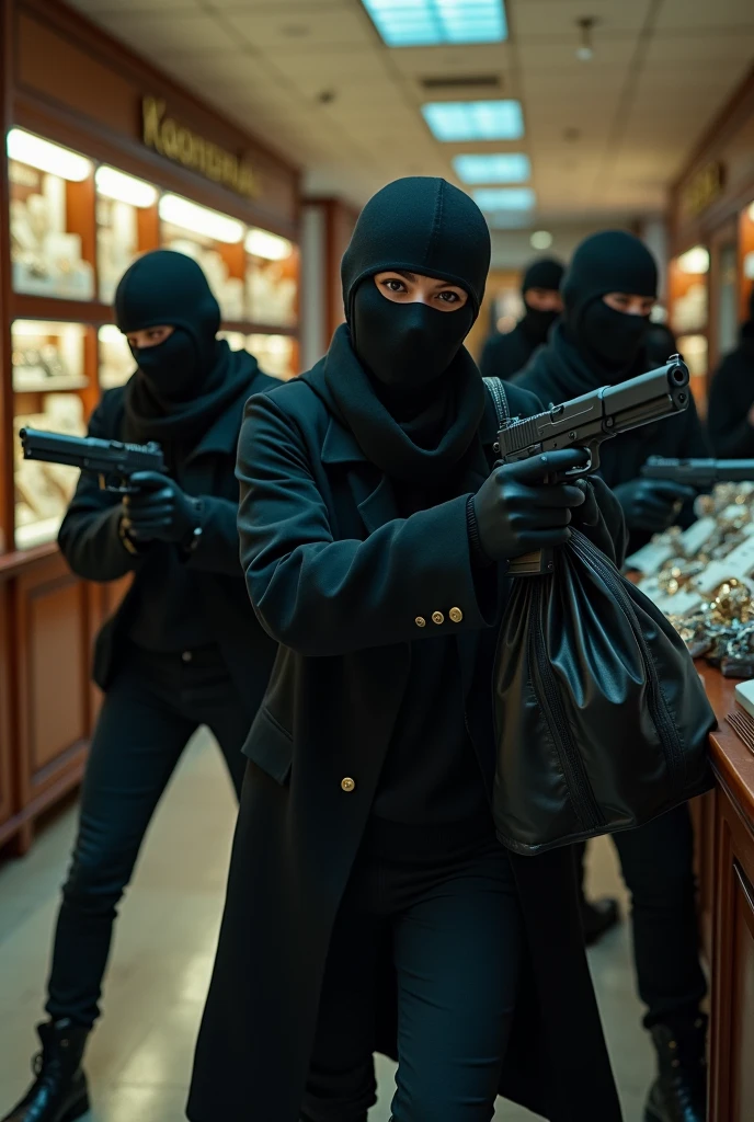 Une équipe 4 Famme entrain de faire un braquage dans une bijouterie avec un sac de bijoux et portant une cagoule avec des trou et des otages dans la bijouterie avec des armes à faux pointes sur les otages
