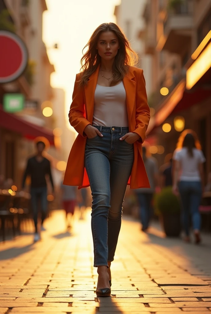 Create an image of a model confidently walking down a bustling city street during golden hour. She is dressed in a chic, oversized blazer paired with high-waisted jeans and statement heels. The background features trendy shops and cafes with people in motion, blurred to create a sense of energy and vibrancy. The focus is on the model's bold, effortless style and the urban glamour of the setting