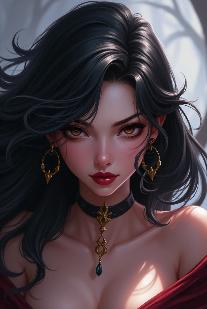White female character mobile legends style, long black wavy hair, with brown eyes and an intimidating look, red mouth.