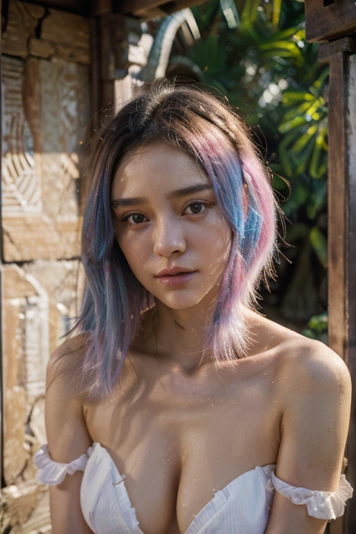 (us-000020:1.2), (ultra photorealist:1.3), (masterpiece:1.4), Best Quality, ((realist)), high quality, ultra detailed, ((realist anime face)), ((realist skin)), ((realist body)), ((pose )) (Best Quality:1.1), (illustration:1.05), (1 girl:1.05), (Beautiful:1.05), (beautiful detailed eyes:1.05), (cinematic light:1.1), light blue reflections, full body pink hair, 1 girl, Beautiful tyrant portrait, aquamarine hair, bright Eyes, White dress, temple, looking at the viewer,