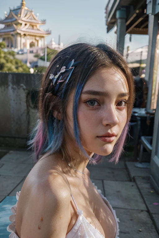 (us-000020:1.2), (ultra photorealist:1.3), (masterpiece:1.4), Best Quality, ((realist)), high quality, ultra detailed, ((realist anime face)), ((realist skin)), ((realist body)), ((pose sexy)) (Best Quality:1.1), (illustration:1.05), (1 girl:1.05), (Beautiful:1.05), (beautiful detailed eyes:1.05), (cinematic light:1.1), light blue reflections, full body pink hair, 1 girl, Beautiful tyrant portrait, aquamarine hair, bright Eyes, White dress, temple, looking at the viewer,
