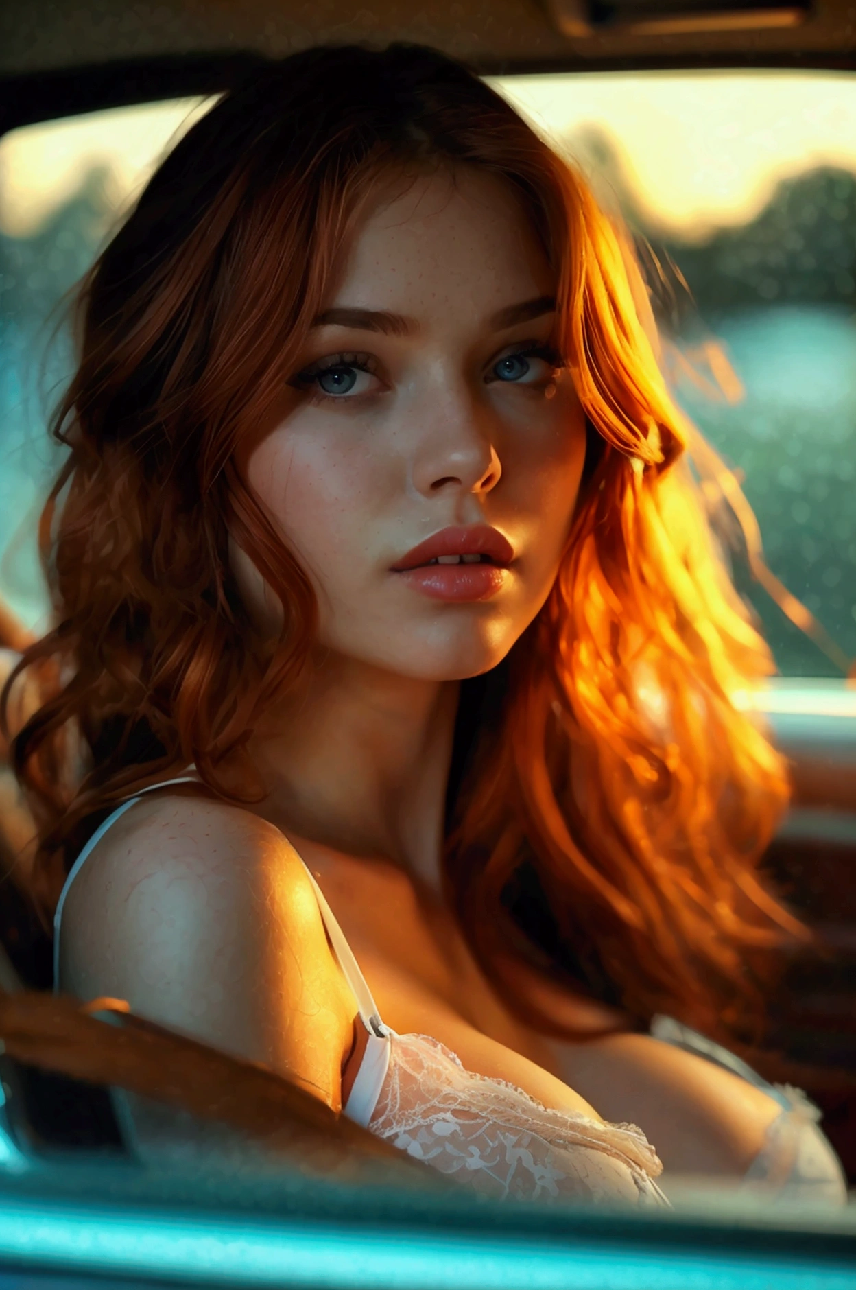 (full body shot:1) photorealistic image of a (laying pose:1) woman, ultrarealistic, photography, long red hair, woman, 24 years old, hourglass figure, perfect body, Flirty look, natural medium breasts, blur background, she is laying on the backseat of a car, she wears white lace lingerie, long eyelashes, cat eye make-up, sexy pose, erotic pose, seductive pose, in a parking lot, late at night, damp windows, window condensation, she removes one of her bra straps