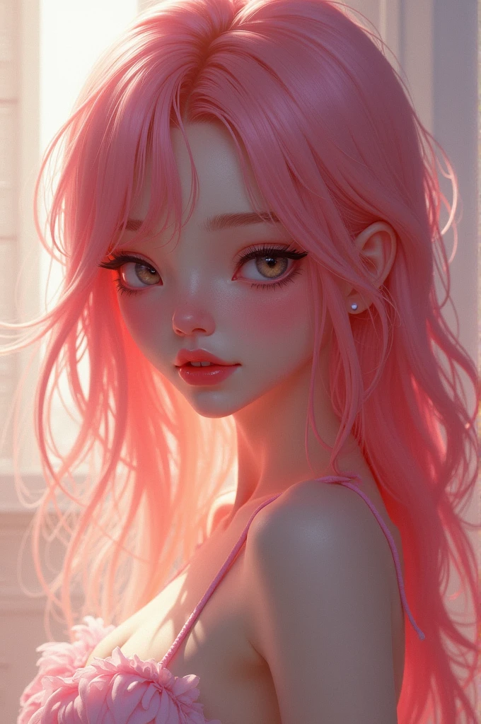 Femboy winking, with long pink hair, and sexy mouth