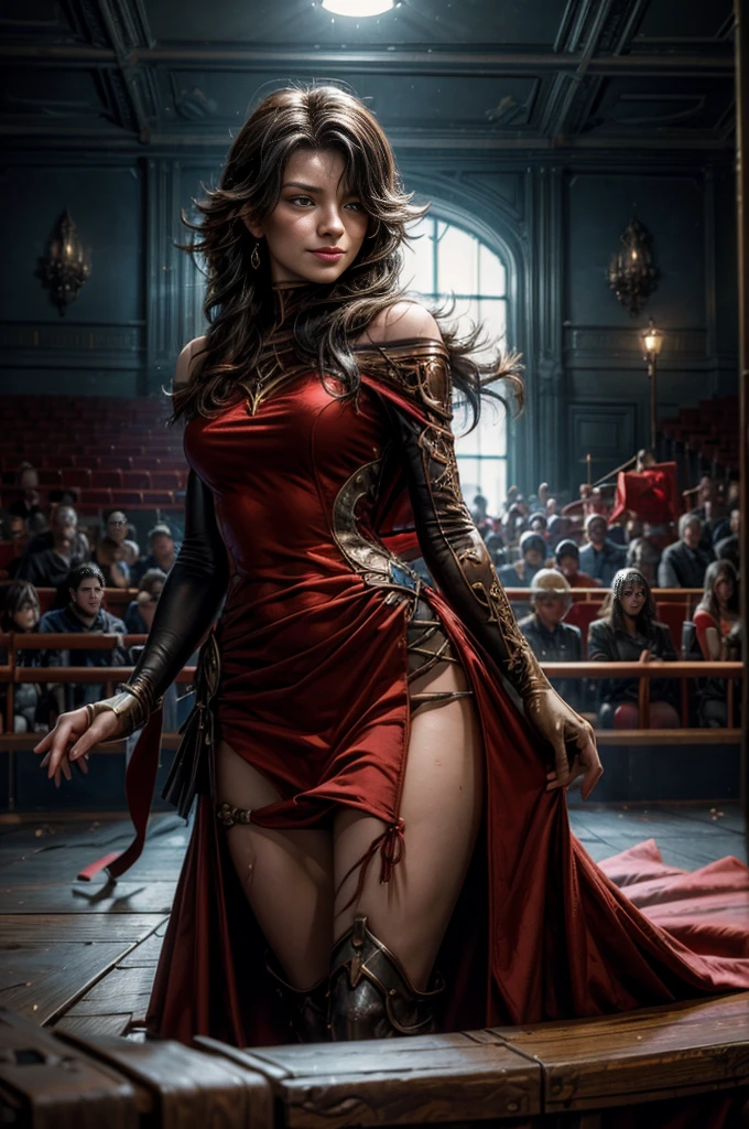 (masterpiece, best quality:1.2), cowboy shot, solo, 1girl, cinder fall, evil smile, looking at viewer, long hair, red dress, elbow gloves, future_urban, standing in theater, orchestra, audience, crowd, (volumetric lighting), intricate details, tonemapping, sharp focus, hyper detailed 