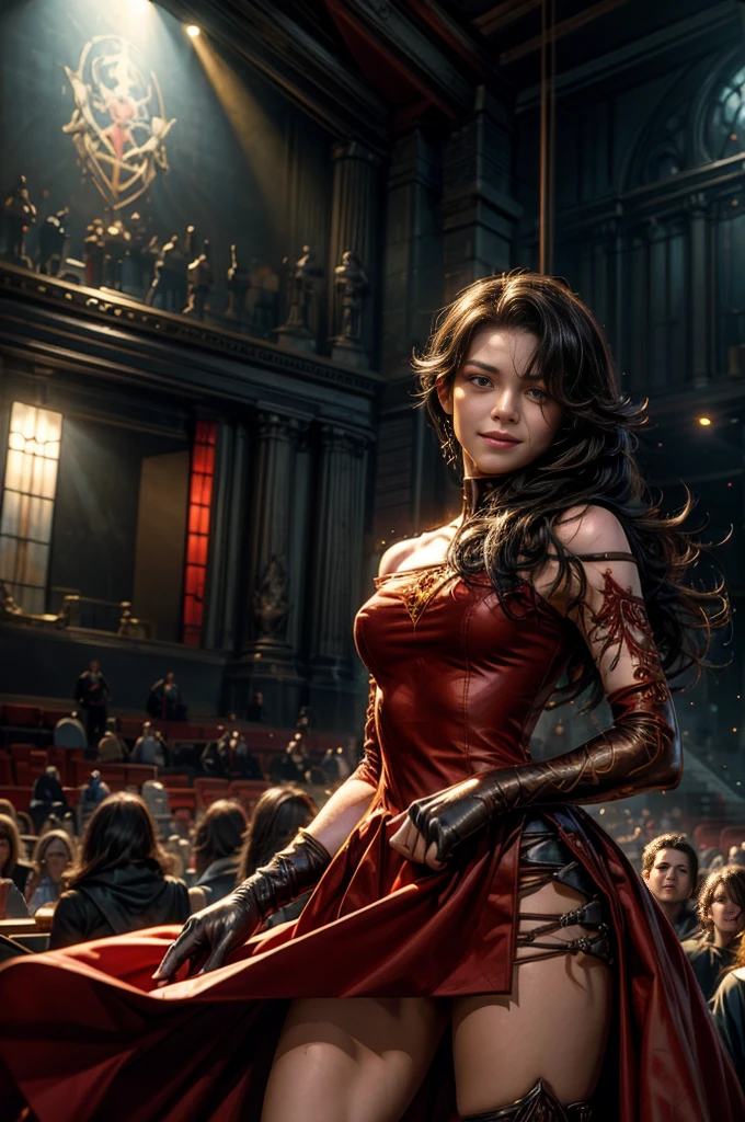 (masterpiece, best quality:1.2), cowboy shot, solo, 1girl, cinder fall, evil smile, looking at viewer, long hair, red dress, elbow gloves, future_urban, standing in theater, orchestra, audience, crowd, (volumetric lighting), intricate details, tonemapping, sharp focus, hyper detailed