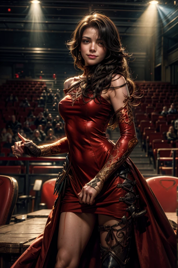 (masterpiece, best quality:1.2), cowboy shot, solo, 1girl, cinder fall, evil smile, looking at viewer, long hair, red dress, elbow gloves, standing in ornate library, crowd