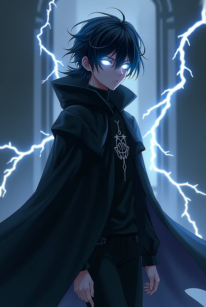 Create an anime character with black hair, black coat but lightning and white eyes