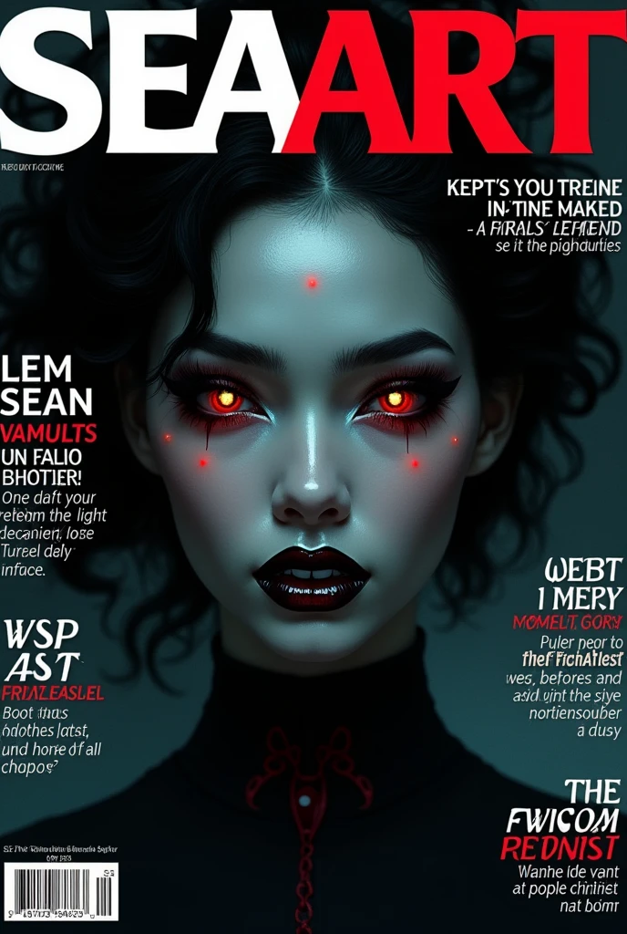 bold text "SEAART" art magazine cover with text content on left and right, portrait of a beautiful african vampire, stylish, dark background, visible fangs, glowing eyes