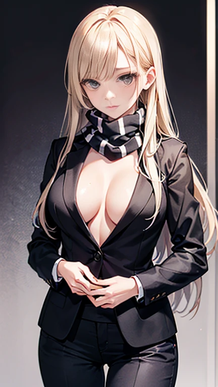 Beauty,Around 20 years old,
Blonde,
(Black Eyes),
(Semi-long hair:1.7),
(expression:Puzzled),
Squat,
Place your arms on your thighs,
Big Breasts,Cleavage:cover,
((business suit:No wrinkles:黒とStriped patternの柄)),
((Dress shirt:Open chest:No wrinkles))
((Slack Pants:No wrinkles)),
((Black scarf:Striped pattern)),
(Plain background:grey:1.5,ID photo),
4K,
high quality,
Highest quality,
Delicate shades,
Detailed depiction,
Depict the whole,
Facial Contour,
Perfect body structure,
Perfect skeleton,
Perfectly symmetrical eyes,