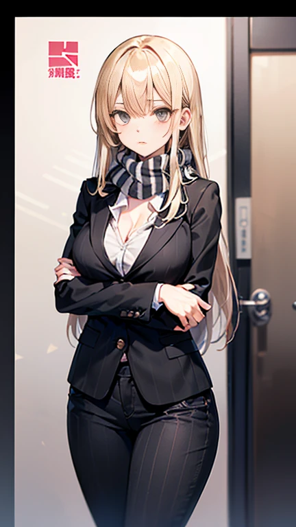 Beauty,Around 20 years old,

Blonde,
(Black Eyes),
(Semi-long hair:1.7),
(expression:Puzzled),
Squat,
Place your arms on your thighs,
Big Breasts,Cleavage:cover,

((business suit:No wrinkles:黒とStriped patternの柄)),
((Dress shirt:Open chest:No wrinkles))
((Slack Pants:No wrinkles)), 
((Black scarf:Striped pattern)),

(Plain background:grey:1.5,ID photo),

4K,
high quality,
Highest quality,
Delicate shades,
Detailed depiction,
Depict the whole,
Facial Contour,
Perfect body structure,
Perfect skeleton,
Perfectly symmetrical eyes,