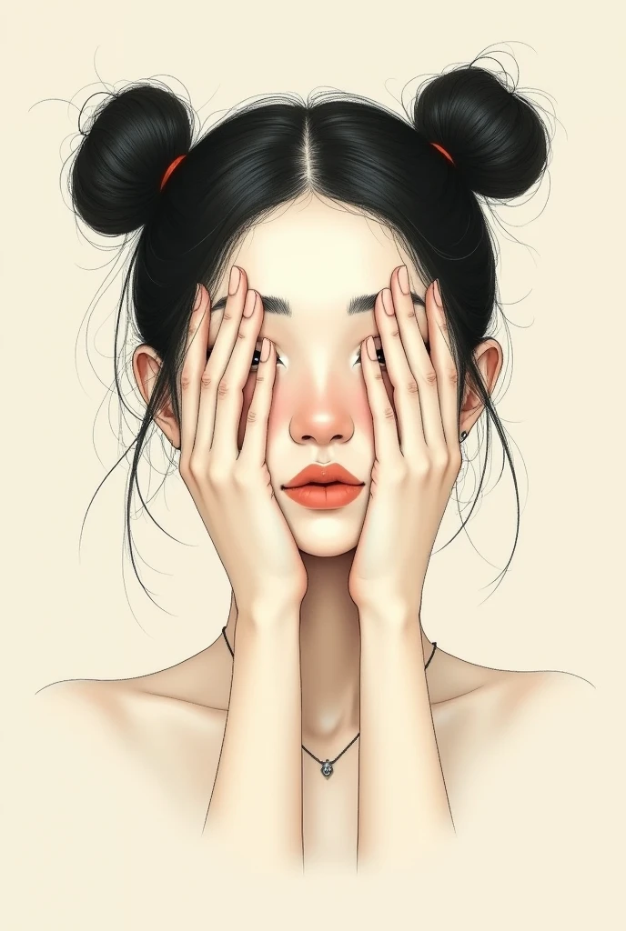 Each of a woman with buns covering her eyes with both hands, drawing style