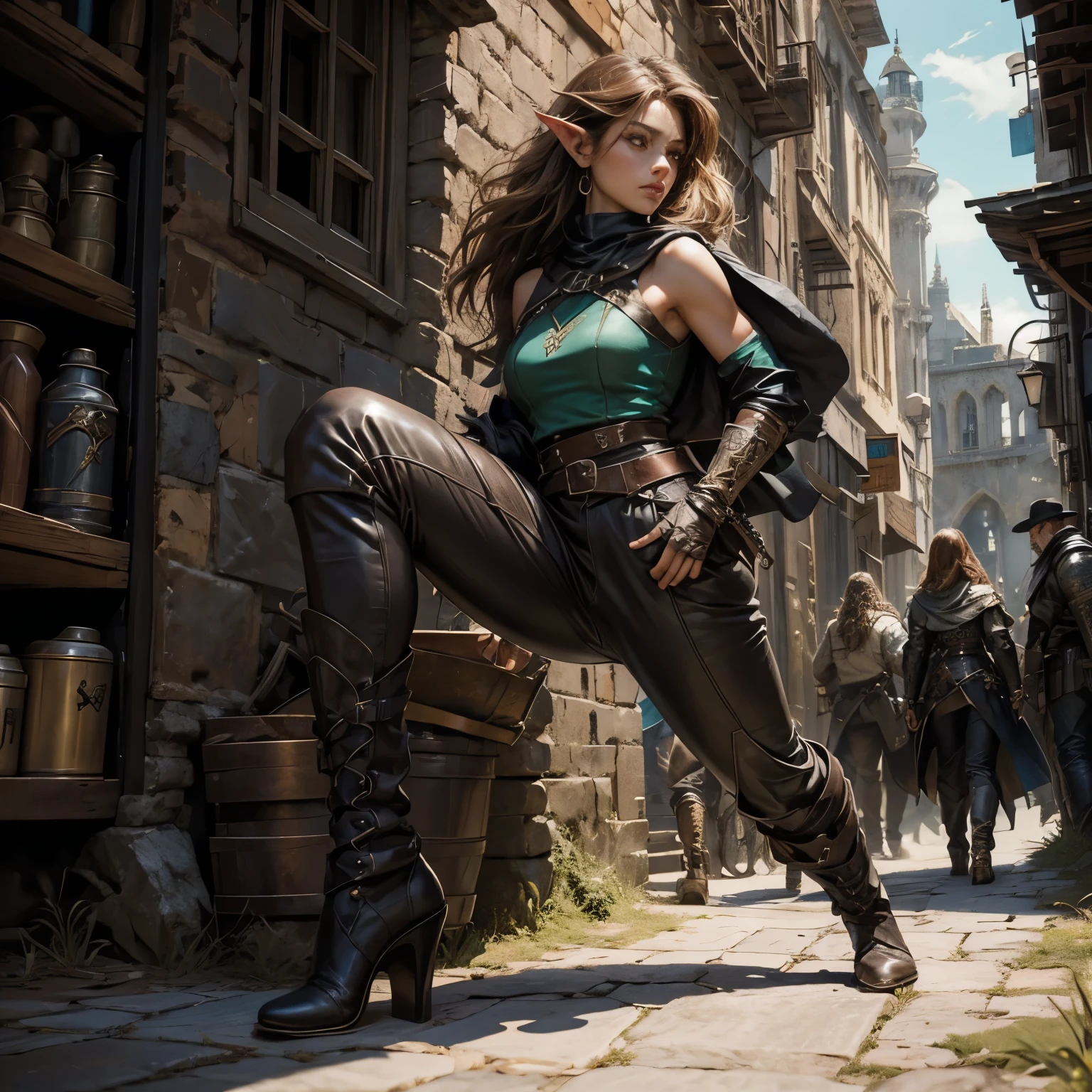 ((Medieval fantasy setting)). Tags: super detail, high details, high quality, best quality, highres, 4K, portret, detailed face, face fix, 1girl 
"Echo is a 22-year-old half-elf. She has light brown skin. Thick light chestnut hair with caramel highlights and soft waves. Brown eyes with green hues. Her beautiful face is oval with soft features and pronounced cheekbones. She has full and attractive lips with a natural blush. A slight scar over her right eyebrow. Her ears are small like a human's but pointed like an elf's. Her physique is athletic and slim, she toned and flexible. She has a round and elastic body shapes."
Clothing. Vest: A leather vest of dark turquoise color, closes the body, providing protection to the chest and back. Metal inserts inside the vest provide additional protection without increasing weight. The vest closes with a lace-up front that is easily tightened for a comfortable fit.
Pants: Dark brown leather pants with a high waist, emphasize the hips and waist without restricting movement. There are special pockets on the hips for throwing knives, which are closed with metal fasteners. The leather is thick but flexible, allowing for free movement.
Gloves: Dark brown fingerless leather gloves with reinforced knuckles and wrists. They protect the hands during combat, but leave the fingers free for manipulating weapons.
Boots: Dark brown knee-high leather boots with reinforced toes and heels, hidden inside compartments for daggers. The sole is soft, which allows you to move silently.
Background: Deserted fantasy medieval alley in the old city.