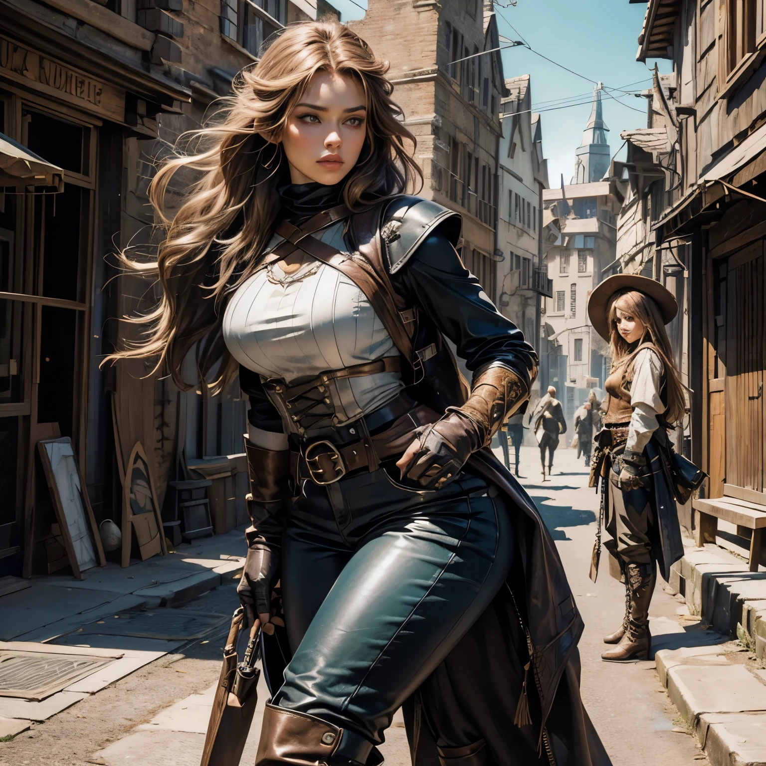 ((Medieval fantasy setting)). Tags: super detail, high details, high quality, best quality, highres, 4K, portret, detailed face, face fix, 1girl 
"Echo is a 22-year-old half-elf. She has light brown skin. Thick light chestnut hair with caramel highlights and soft waves. Brown eyes with green hues. Her beautiful face is oval with soft features and pronounced cheekbones. She has full and attractive lips with a natural blush. A slight scar over her right eyebrow. Her ears are small like a human's but pointed like an elf's. Her physique is athletic and slim, she toned and flexible. She has a round and elastic body shapes."
Clothing. Vest: A leather vest of dark turquoise color, closes the body, providing protection to the chest and back. Metal inserts inside the vest provide additional protection without increasing weight. The vest closes with a lace-up front that is easily tightened for a comfortable fit.
Pants: Dark brown leather pants with a high waist, emphasize the hips and waist without restricting movement. There are special pockets on the hips for throwing knives, which are closed with metal fasteners. The leather is thick but flexible, allowing for free movement.
Gloves: Dark brown fingerless leather gloves with reinforced knuckles and wrists. They protect the hands during combat, but leave the fingers free for manipulating weapons.
Boots: Dark brown knee-high leather boots with reinforced toes and heels, hidden inside compartments for daggers. The sole is soft, which allows you to move silently.
Background: Deserted fantasy medieval alley in the old city.