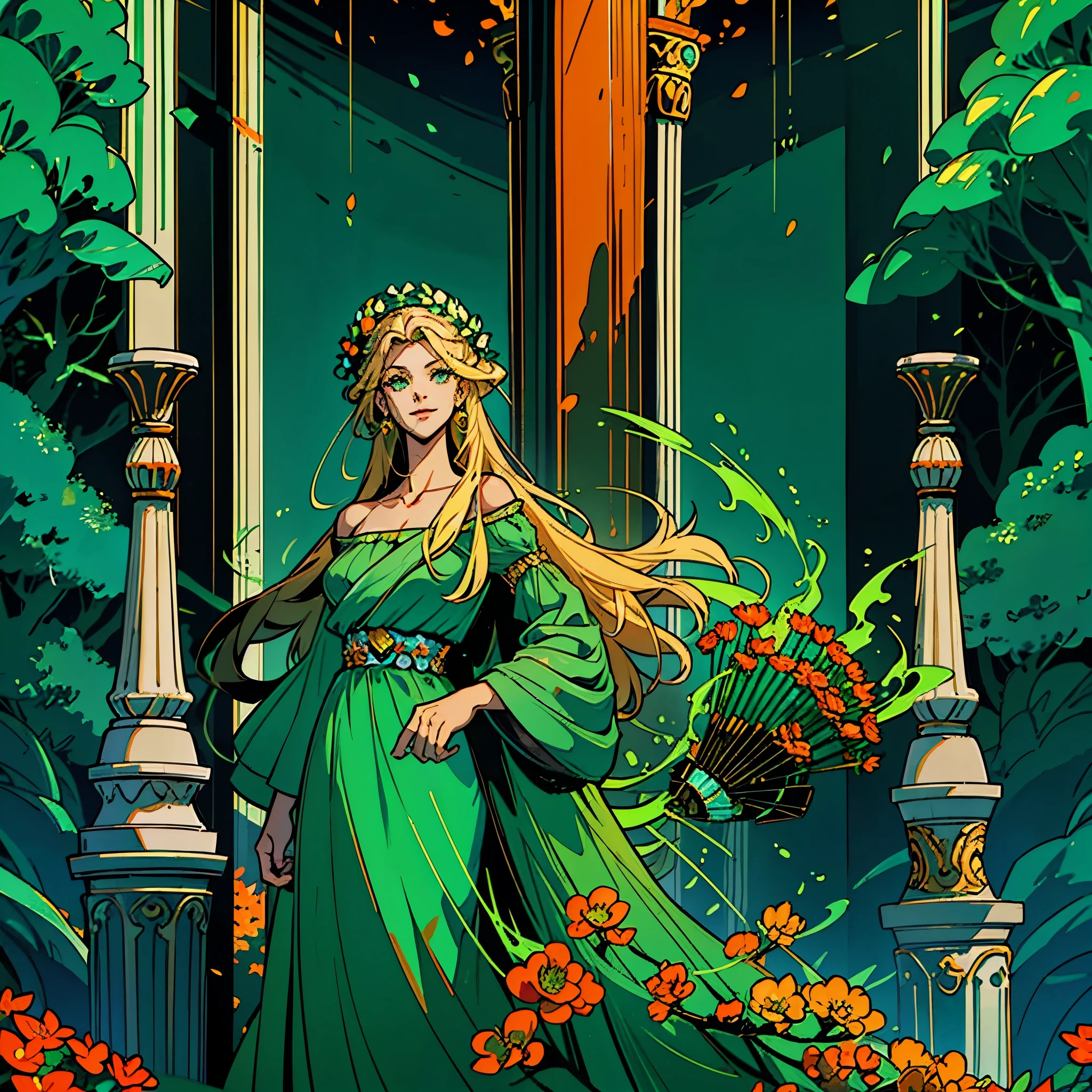 1woman, alone, 25 years old, young, blonde hair, green eyes, insister sur les reflets des yeux verts, cheveux blonds, long hair, green dress, robe verte, green outfit, green clothes, pure outfit, smiling, soft expression, hades style, hades game, Jen zee style, greek themed image, greek background, persephone, tartarus scenery, in a garden with orange flowers, fumes, greek columns in background, lots of columns, greek architecture, green themed image, black furniture, blue touches of color, orange walls, looking at viewer, holding a lyre, holding a musical instrument, soft themed image, hades, game, wiki