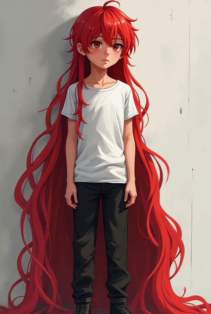 boy realistic style, long red hair down to the floor, black pants, white t-shirt
