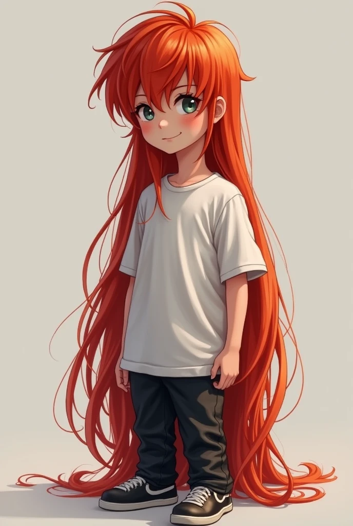 boy realistic style, long red hair down to the floor, black pants, white t-shirt