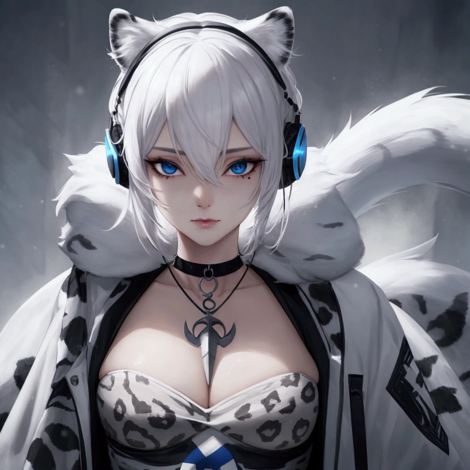 Woman, White Hair, Bangs, Messy Hair, Snow Leopard Ears, Snow Leopard Tail,Blue eyes, Slit Pupils, Mole Under Mouth, Anchor Choker, Headphones, Anatomically Correct, Accurate, Detail, HD, 