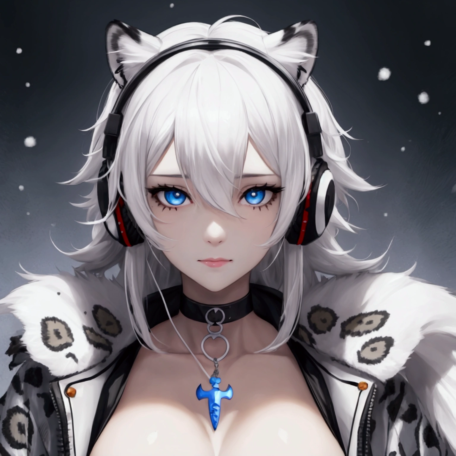Woman, White Hair, Bangs, Messy Hair, Snow Leopard Ears, Snow Leopard Tail,Blue eyes, Slit Pupils, Mole Under Mouth, Anchor Choker, Headphones, Anatomically Correct, Accurate, Detail, HD, 