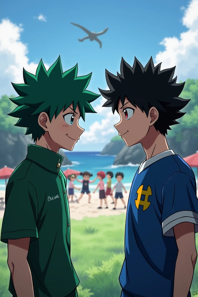 Make two Midoriya Izukus training on a beach, and one of them has black hair and red eyes because they are almost twin brothers, and they are accompanied by Jirou Kyouka and Ochako Uraraka who are also training