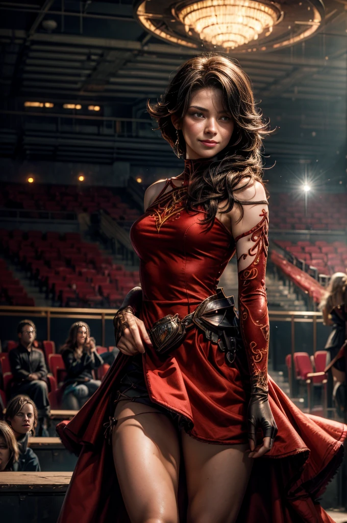 (masterpiece, best quality:1.2), cowboy shot, solo, 1girl, cinder fall, evil smile, looking at viewer, long hair, red dress, elbow gloves, future_urban, standing in theater, orchestra, audience, crowd, (volumetric lighting), intricate details, tonemapping, sharp focus, hyper detailed 