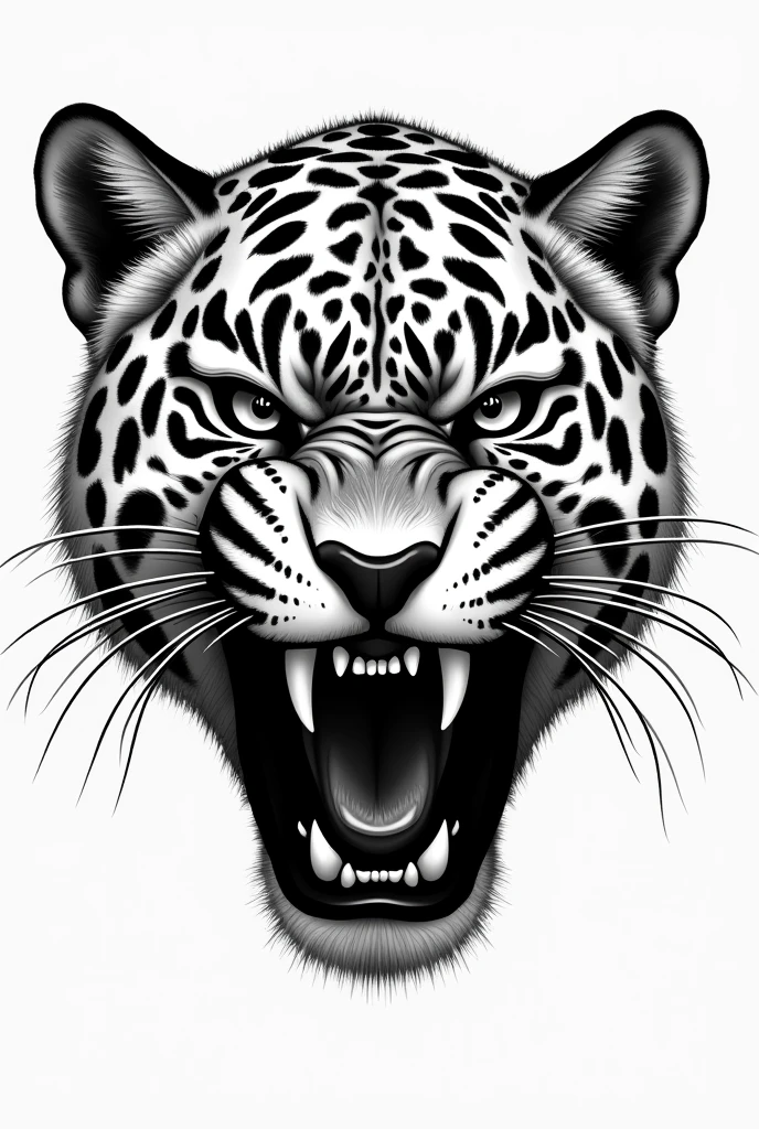 Face of a jaguar in black and white front drawing with an angry face 