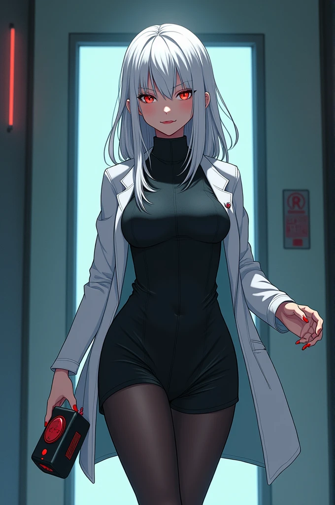 The art style is an anime, almost cartoonish style which is slightly realistic, but mostly shapes around an anime style. A close up/pov of a short, mid 20-year-old with white, soft long hair and beautiful red eyes. She wears a white almost lab coat with a black, fuzzy sweater underneath and tight black shorts, with black leggings that reach to her mid thigh level. She has a voluptuous/ slim body with big plump breasts, and decently big and thick thighs. She is smiling at the viewer with a sinister and evil look, while she is currently walking with a small, compact device with a big red button on it, with a small antenna on the top of her device. The camera angle is aimed at her from the ground, depicting her walking as she stares at the camera while smiling.
