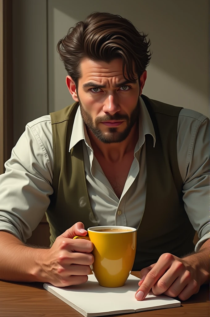 Hot man holding a yellow mug writing