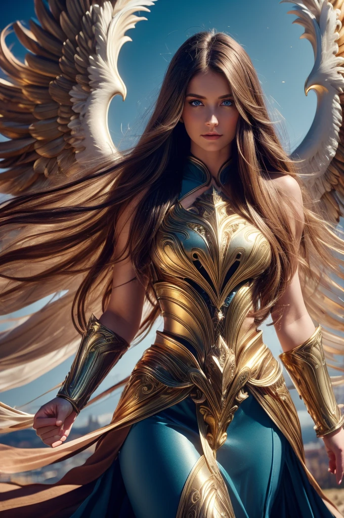WINGED WOMAN, SAINT WOMAN, HUGE LONG HAIR, BROWN HAIR, HUGE BROWN FEATHERS, LONG BLUE DRESS, PALE SKIN, BLUE EYES, LIGHTING EYES, ROSY CHEEKS, MENTAL FORAMEN, ATHLETIC BODY, MUSCLES, LIGHTING AURA, GOLD BRACELETS, GOLD GAUNTLETS, BACKLIGHTS, SUN, RIVER, SAINT WOMAN, FRONT BODY VIEW, ANGEL FROM HEAVEN