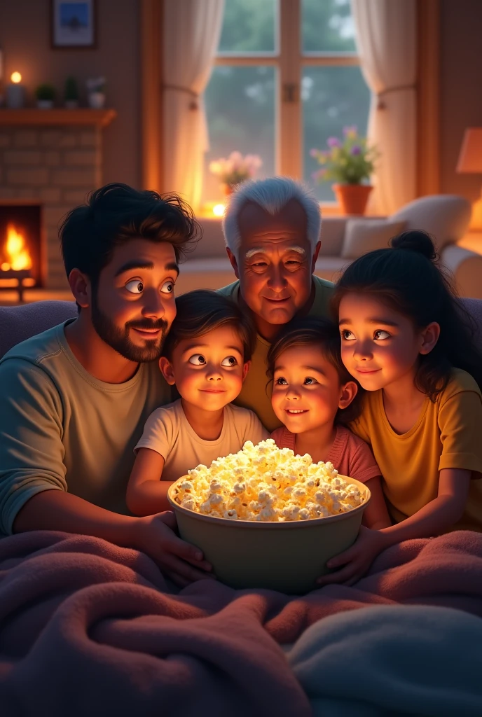 A family eating popcorn watching Netflix