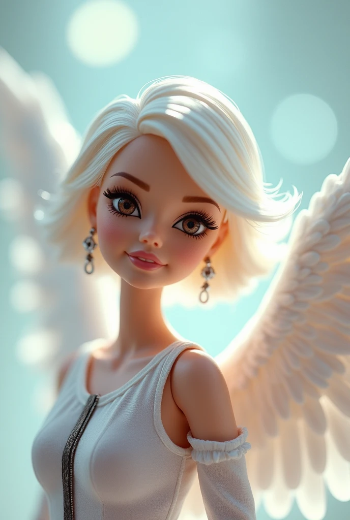 BARBIE CARTOON Angel white wings with a black line in the middle ,Dark brown eyes, short white hair ,White skin