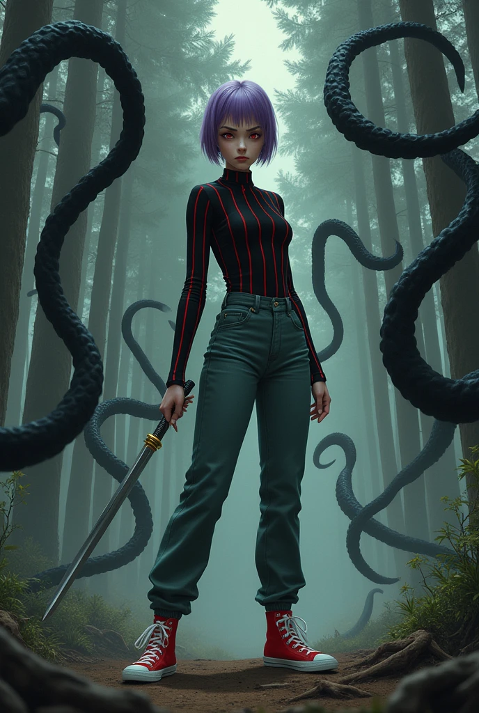 Please create a 17 year old female dressed in a tight black short sleeved blouse with STRAIGHT RED STRIPES, a dark pastel green pants, Red All Star Sneakers. She is in a pine forest fighting scary tentacles. She has a serious expression. His eyes are red and he has a piercing in his eyebrow., his hair is SHORT AND PURPLE SHAVED ON THE SIDE.