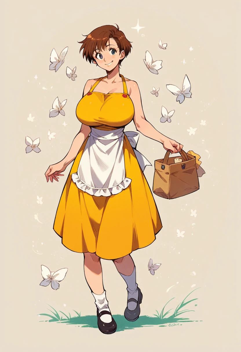 1girl,smile,etsukoto, huge breasts,short hair,brown hair,brown eyes,yellow dress, sleeveless dress, apron, white socks, mary janes