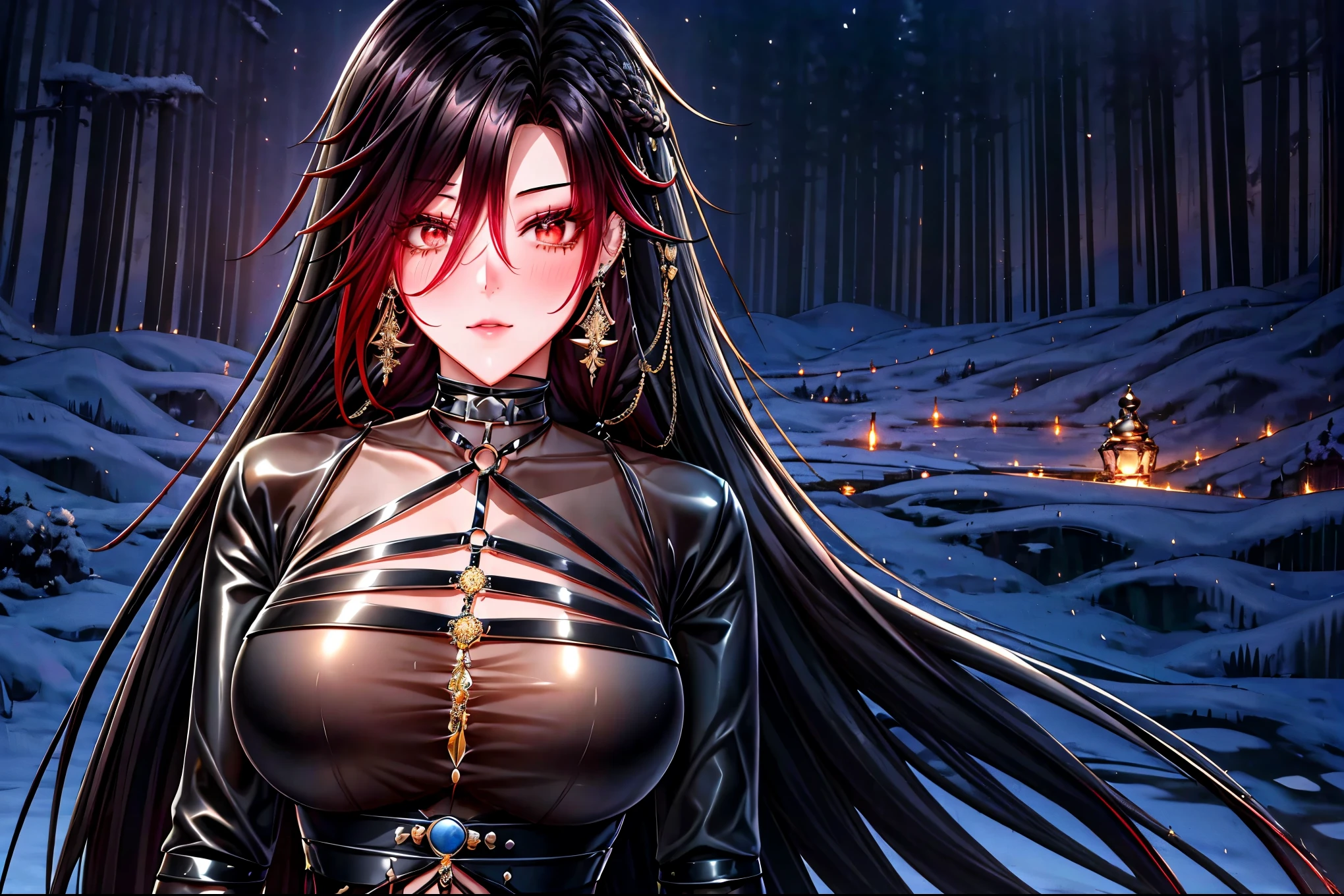 shoujo style, frosty style, (romantic manhwa), 1 girl, black hair, solo, long braided hair, long braid, dress, gloves, long sleeves, choker, red eyes, mascara, makeup, elbow gloves, floating hair, bra, jewelry, many ear piercings, peepers, collarbones, gold accessories, upper body, parted bangs, very long braided hair, black dress, ruffles, bangs, closed mouth, outdoors, detailed eyes, dynamic cut,