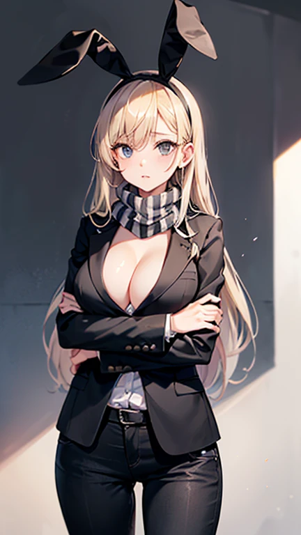 Beauty,Around 20 years old,
Blonde,
(Black Eyes),
(Semi-long hair:1.7),
(expression:Puzzled),
Squat,
Place your arms on your thighs,
Big Breasts,Cleavage:cover,
((business suit:No wrinkles:黒とStriped patternの柄)),
((Dress shirt:Open chest:No wrinkles))
((Slack Pants:No wrinkles)),
((Black scarf:Striped pattern)),
((Rabbit headband)),
(Plain background:grey:1.5,ID photo),
4K,
high quality,
Highest quality,
Delicate shades,
Detailed depiction,
Depict the whole,
Facial Contour,
Perfect body structure,
Perfect skeleton,
Perfectly symmetrical eyes,
