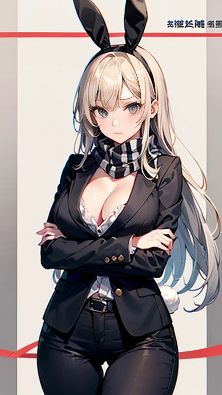 Beauty,Around 20 years old,
Blonde,
(Black Eyes),
(Semi-long hair:1.7),
(expression:Puzzled),
Squat,
Place your arms on your thighs,
Big Breasts,Cleavage:cover,
((business suit:No wrinkles:黒とStriped patternの柄)),
((Dress shirt:Open chest:No wrinkles))
((Slack Pants:No wrinkles)),
((Black scarf:Striped pattern)),
((Rabbit headband)),
(Plain background:grey:1.5,ID photo),
4K,
high quality,
Highest quality,
Delicate shades,
Detailed depiction,
Depict the whole,
Facial Contour,
Perfect body structure,
Perfect skeleton,
Perfectly symmetrical eyes,