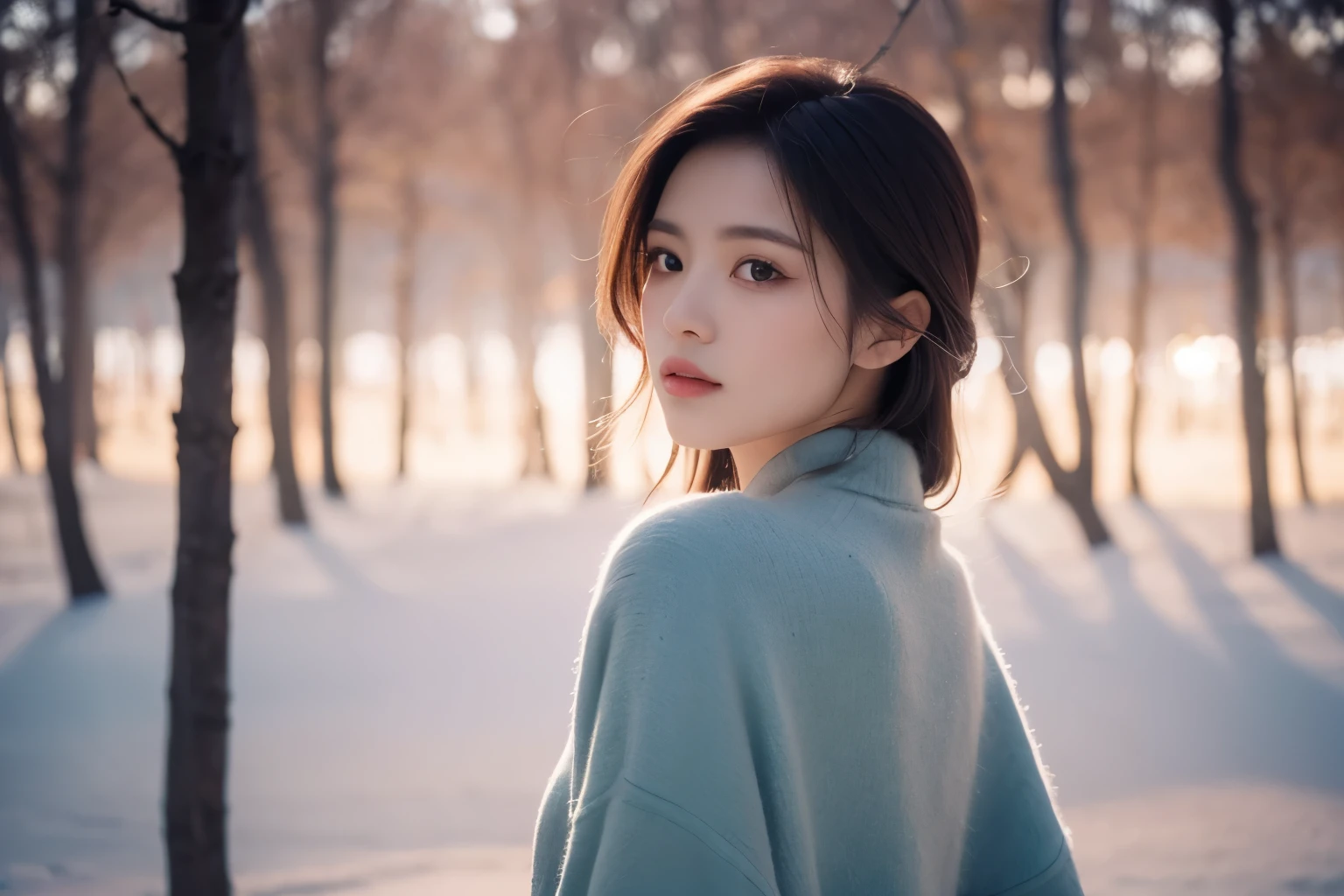 a woman, long shot of nature in background, cinematic depth, ultra-high definition of the woman's expression and surrounding elements, subtle pastel tones, elegant atmosphere,