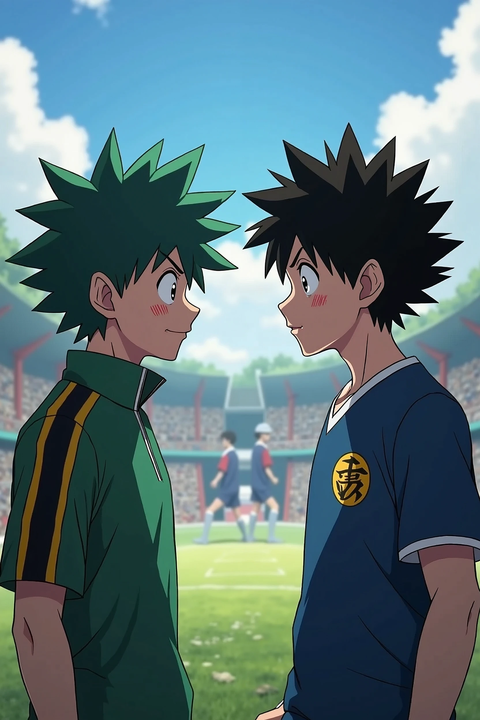 Make two Midoriya Izukus training on a beach, and one of them has black hair and red eyes because they are almost twin brothers, and they are accompanied by Jirou Kyouka and Ochako Uraraka who are also training