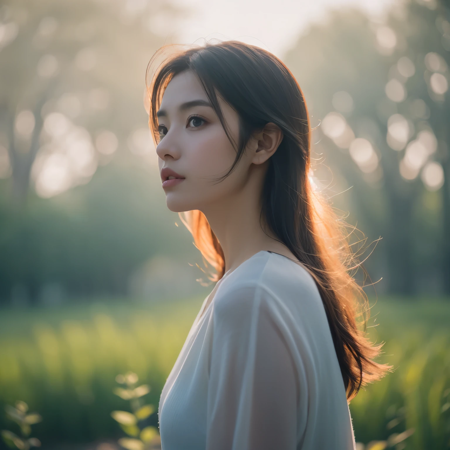 a woman, long shot of nature in background, cinematic depth, ultra-high definition of the woman's expression and surrounding elements, subtle pastel tones, elegant atmosphere,