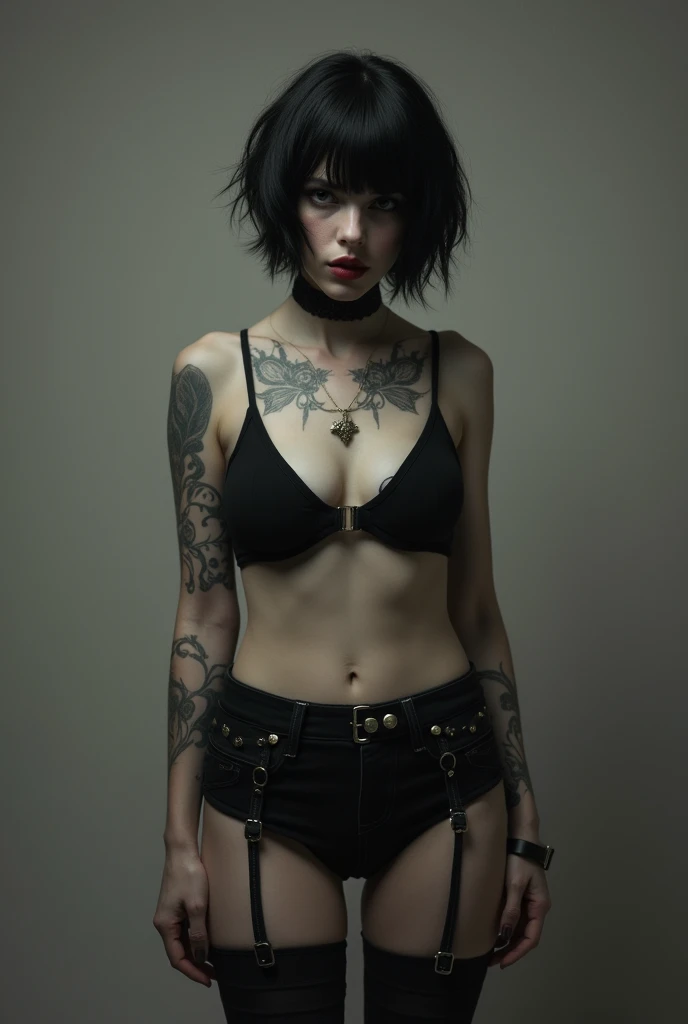 Generates the image of a gothic girl with big thighs, short hair and no clothes where her tits can be seen 