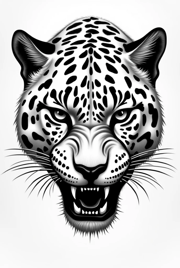 Face of a jaguar in front, black and white drawing with an angry face